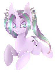 Size: 1200x1600 | Tagged: dead source, safe, artist:hawthornss, aria blaze, pony, unicorn, equestria girls, g4, my little pony equestria girls: rainbow rocks, alternate eye color, colored eyelashes, ear fluff, ear tufts, equestria girls ponified, female, horn, lineless, lying down, ponified, prone, purple eyelashes, simple background, solo, two toned eyes, unicorn aria blaze, white background