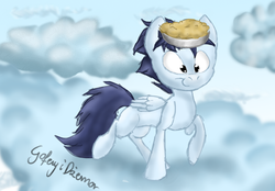 Size: 1500x1043 | Tagged: safe, artist:goferyidzemor, soarin', g4, blank flank, cloud, cloudy, cute, male, pie, solo, that pony sure does love pies