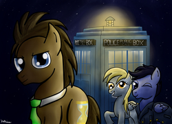 Size: 3440x2496 | Tagged: safe, artist:katrina-mae, derpy hooves, doctor whooves, time turner, earth pony, pegasus, pony, g4, crossover, doctor who, female, high res, jack harkness, male, mare, stallion, tardis, the doctor, torchwood, trio