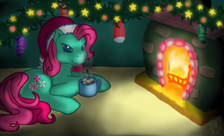 Size: 1778x1080 | Tagged: safe, artist:anscathmarcach, minty, g3, christmas, clothes, cute, fireplace, hot chocolate, mintabetes, socks