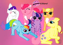 Size: 2045x1451 | Tagged: safe, artist:anscathmarcach, edit, applejack, fluttershy, pinkie pie, rainbow dash, rarity, twilight sparkle, cat, g4, gradient background, logo, logo edit, mane six, my little x, species swap