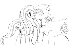 Size: 1751x1164 | Tagged: safe, artist:crazydiary86, big macintosh, fluttershy, earth pony, pony, g4, blushing, cheek kiss, kissing, male, monochrome, ship:fluttermac, shipping, sketch, stallion, straight