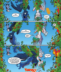 Size: 687x807 | Tagged: safe, artist:andy price, idw, philomena, princess celestia, princess luna, tiberius, phoenix, g4, spoiler:comic, spoiler:comic27, angry, bad pun, celestia is not amused, eyes closed, frown, idw advertisement, luna is friggen useless, open mouth, power levels are bullshit, pun, scroll, smiling, swinging, this will end in tears and/or a journey to the moon, tied up, unamused, upside down, uselesstia, vine