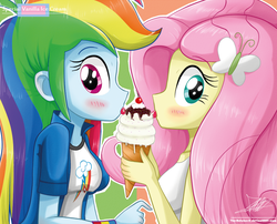 Size: 913x739 | Tagged: safe, artist:the-butch-x, fluttershy, rainbow dash, equestria girls, g4, blushing, duo, female, ice cream, ice cream cone, lesbian, licking, looking at you, ship:flutterdash, shipping, tongue out