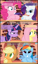 Size: 1920x3239 | Tagged: safe, artist:eagle1division, applejack, fluttershy, pinkie pie, rainbow dash, rarity, twilight sparkle, g4, applejack is best facemaker, bad poker face, comic, dashface, glare, golden oaks library, grin, liar face, liarjack, mane six, poker, poker face, scrunchy face, shy, smiling, text, twilight sparkle (alicorn)