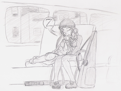 Size: 1727x1307 | Tagged: safe, artist:wryte, sonata dusk, sunset shimmer, g4, alternate hairstyle, beanie, braided ponytail, bus, casio, female, grayscale, guitar, hat, head on shoulder, keyboard, lesbian, monochrome, musical instrument, not sure if shipping, ship:sunata, shipping, sleeping, snoring, snuggling, traditional art, z