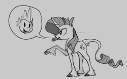 Size: 1280x795 | Tagged: safe, artist:enma-darei, rarity, spike, classical unicorn, pony, unicorn, g4, female, gray background, grayscale, horn, leonine tail, mare, monochrome, open mouth, raised hoof, simple background, solo, speech bubble, tail fluff