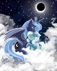 Size: 1600x1990 | Tagged: safe, artist:kanochka, princess luna, oc, oc:snowdrop, g4, cloud, cloudy, moon, night, s1 luna, stars