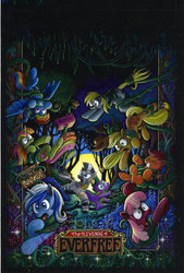 Size: 800x1185 | Tagged: safe, artist:andypriceart, idw, applejack, cheerilee, derpy hooves, minuette, rainbow dash, scootaloo, spike, sweetcream scoops, zecora, pegasus, pony, zebra, g4, spoiler:comic27, andy you magnificent bastard, captured, comic, cover art, everfree forest, eyes closed, female, gritted teeth, mare, moon, muffin, open mouth, panic, running, scared, sign, stars, title, tongue out, traditional art, tree, vine