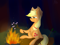 Size: 3264x2448 | Tagged: safe, artist:hilis, applejack, earth pony, pony, g4, female, fire, high res, marshmallow, night, sitting, solo