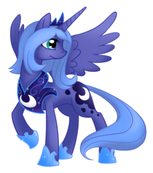 Size: 1500x1700 | Tagged: safe, artist:equestria-prevails, princess luna, alicorn, pony, g4, armor, female, frown, jewelry, lidded eyes, looking back, mare, raised hoof, regalia, s1 luna, simple background, solo, standing, transparent background