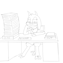 Size: 2000x2000 | Tagged: safe, artist:khorme, oc, oc only, oc:miss manager, oc:paige, goat, cloven hooves, desk, glasses, high res, hoof fetish, micro, monochrome, speech bubble, under the table