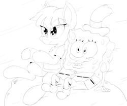 Size: 4843x4048 | Tagged: safe, artist:purple-yoshi-draws, maud pie, g4, absurd resolution, boulder, crossover, male, monochrome, pizza delivery, sketch, spongebob squarepants, spongebob squarepants (character)