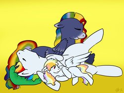 Size: 1280x960 | Tagged: safe, artist:nissa_lion, oc, oc only, oc:cloud puff, oc:sunrise brisk, oc:white whirl, gradient background, lying down, offspring, on side, parent:rainbow dash, parent:soarin', parents:soarindash, prone, siblings