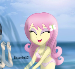 Size: 1146x1049 | Tagged: safe, artist:sumin6301, fluttershy, equestria girls, g4, beach, belly button, bikini, cleavage, clothes, female, solo, swimsuit
