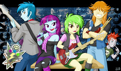 Size: 1200x700 | Tagged: safe, artist:uotapo, cherry crash, crimson napalm, mystery mint, thunderbass, valhallen, human, equestria girls, g4, my little pony equestria girls: rainbow rocks, background human, band, bass guitar, clothes, crossed arms, cute, drumsticks, ear piercing, earring, female, grin, guitar, hair over eyes, jewelry, lipstick, looking at you, looking back, looking back at you, male, microphone, musical instrument, mysterybetes, open mouth, piercing, pointing, smiling, thunderstruck (band)