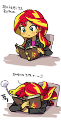 Size: 300x600 | Tagged: dead source, safe, artist:baekgup, sunset shimmer, equestria girls, g4, my little pony equestria girls: rainbow rocks, blushing, book, chair, facebooking, female, frown, hug, implied lesbian, implied shipping, implied sunsetsparkle, journey book, korean, reading, sitting, solo, translated in the comments, translated in the description, wide eyes