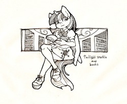 Size: 1280x1056 | Tagged: safe, artist:hobilo, twilight sparkle, anthro, plantigrade anthro, g4, blouse, book, bookshelf, bow, clothes, female, library, lineart, monochrome, shoes, skirt, solo, that pony sure does love books, traditional art, twilight sparkle (alicorn)