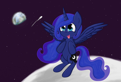 Size: 2130x1451 | Tagged: safe, artist:springveil, princess luna, g4, :d, female, moon, sitting, solo, spread wings