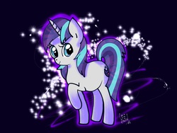 Size: 2048x1536 | Tagged: safe, artist:aimihanibal, shining armor, pony, unicorn, g4, 30 minute art challenge, 30minhentai, blue background, female, gleaming shield, mare, raised hoof, rule 63, simple background, smiling, solo, sparkles, transparent