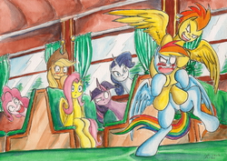 Size: 2306x1629 | Tagged: safe, artist:souleatersaku90, applejack, fluttershy, pinkie pie, rainbow dash, rarity, spitfire, twilight sparkle, pony, g4, bipedal, blushing, chokehold, fanfic art, fight, implied lesbian, mane six, spread wings, the simple life, traditional art, train, watercolor painting, wrestling
