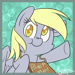 Size: 900x900 | Tagged: safe, artist:espeonna, derpy hooves, pegasus, pony, g4, boop, female, mare, sign, smiling, solo