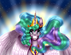 Size: 4680x3600 | Tagged: safe, artist:crazyaniknowit, princess celestia, g4, absurd resolution, female, looking at you, solo, spread wings