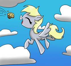 Size: 1920x1800 | Tagged: safe, artist:yourfavoritelove, derpy hooves, pegasus, pony, g4, cloud, eyes closed, female, flying, mare, muffin, open mouth, sky, solo