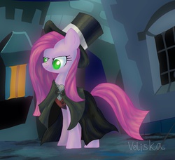 Size: 1936x1767 | Tagged: safe, artist:veliska, pinkie pie, earth pony, pony, g4, cape, clothes, dr jekyll and mr hyde, dr pinkie and miss pie, female, hat, pinkamena diane pie, solo, top hat