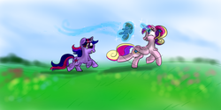 Size: 1366x685 | Tagged: safe, artist:llamacreator, princess cadance, smarty pants, twilight sparkle, g4, filly, foalsitter, magic, meadow, running, telekinesis, twily