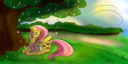 Size: 1366x685 | Tagged: safe, artist:llamacreator, angel bunny, fluttershy, g4, blushing, grass, prone, tree