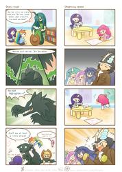 Size: 1700x2385 | Tagged: safe, artist:howxu, applejack, discord, pinkie pie, princess cadance, princess celestia, princess luna, queen chrysalis, rainbow dash, rarity, human, wolf, series:my little kindergarten, g4, 4koma, :p, clothes, comic, cute, engrish, exploitable meme, filly, horn, horned humanization, humanized, meme, miniskirt, reaction guys, school uniform, schoolgirl, skirt, socks, thigh highs, winged humanization