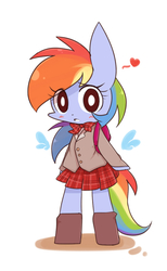 Size: 800x1300 | Tagged: safe, artist:joycall6, rainbow dash, pegasus, pony, semi-anthro, g4, backpack, bipedal, blushing, bowtie, clothes, female, floating wings, heart, mare, open mouth, pleated skirt, rainbow dash always dresses in style, school uniform, shoes, skirt, solo, white eyes