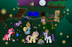 Size: 2834x1867 | Tagged: safe, artist:superzat, applejack, fluttershy, pinkie pie, rainbow dash, rarity, twilight sparkle, earth pony, firefly (insect), insect, pegasus, pony, unicorn, g4, balloon, bipedal, blowing up balloons, lantern, mane six, moon, night, ponyville, scenery, stars, unicorn twilight
