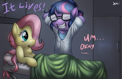 Size: 4000x2600 | Tagged: safe, artist:fluffyxai, fluttershy, twilight sparkle, pony, g4, glasses, morgue, ponified