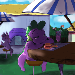 Size: 1024x1024 | Tagged: safe, artist:imsokyo, artist:ninjakaiden, spike, daily life of spike, g4, bored, burger, diner, drink, food, french fries, hay burger, hay fries, tumblr