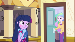 Size: 1280x720 | Tagged: safe, edit, edited screencap, screencap, princess celestia, principal celestia, twilight sparkle, equestria girls, g4, my little pony equestria girls, female, implied lesbian, kiss mark, lesbian, ship:twilestia, shipping