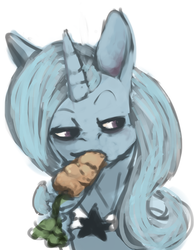 Size: 500x643 | Tagged: dead source, safe, artist:celestiawept, trixie, pony, unicorn, g4, bust, cape, carrot, clothes, eating, female, herbivore, lidded eyes, looking away, looking sideways, mouth hold, portrait, simple background, solo, trixie's cape, white background