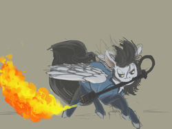 Size: 500x375 | Tagged: safe, artist:celestiawept, oc, oc only, pegasus, pony, bodysuit, fire, flamethrower, flying, looking at something, looking down, mouth hold, simple background, solo, spread wings, weapon