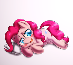 Size: 1125x1000 | Tagged: safe, artist:ushiro no kukan, pinkie pie, earth pony, pony, g4, bedroom eyes, blushing, colored pupils, cute, diapinkes, female, mare, open mouth, pillow, solo