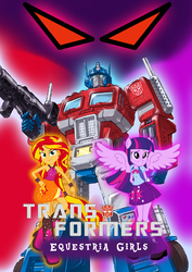 Size: 2480x3508 | Tagged: safe, sunset shimmer, twilight sparkle, robot, equestria girls, g4, autobot, crossover, fanfic art, fanfic cover, high res, optimus prime, ponied up, transformers, twilight sparkle (alicorn)