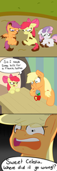 Size: 900x2700 | Tagged: safe, artist:tralalayla, apple bloom, applejack, scootaloo, sweetie belle, earth pony, pegasus, pony, unicorn, g4, apple, comic, cutie mark crusaders, dialogue, female, filly, foal, mare, mud, palindrome get, spit take