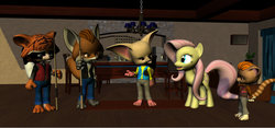 Size: 1024x479 | Tagged: safe, artist:hectorny, fluttershy, cat, fox, g4, 3d, furry, gmod, oliver, tycoon