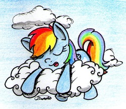 Size: 729x629 | Tagged: safe, artist:airman12, rainbow dash, g4, cloud, female, sleeping, solo, traditional art