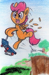 Size: 727x1105 | Tagged: safe, artist:airman12, scootaloo, g4, cliff, feather, female, scooter, solo, this will end in tears and/or death and/or covered in tree sap, traditional art, tree sap and pine needles