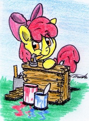Size: 637x867 | Tagged: safe, artist:airman12, apple bloom, g4, female, hammer, mouth hold, paint, ruler, solo, traditional art