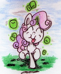 Size: 663x813 | Tagged: safe, artist:airman12, sweetie belle, pony, unicorn, g4, female, levitation, magic, marshmallow, solo, sweetie belle's magic brings a great big smile, tongue out, traditional art