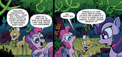 Size: 1423x674 | Tagged: safe, artist:andypriceart, bramble, pinkie pie, twilight sparkle, alicorn, deer, pony, g4, idw, spoiler:comic, spoiler:comic27, andy you magnificent bastard, crossing the line twice, female, mare, twilight sparkle (alicorn)