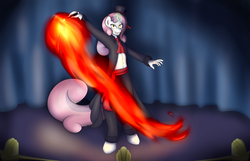 Size: 1280x822 | Tagged: safe, artist:magic-violet, sweetie belle, anthro, g4, female, fire, magic, magic rarity, magician, pyromancy, solo, stage, sweetie belle's magic brings a great big smile
