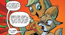 Size: 823x438 | Tagged: safe, edit, idw, applejack, bramble, deer, earth pony, pony, friendship is magic #27, g4, spoiler:comic, female, implied anal, implied sex, mare, rage, text edit